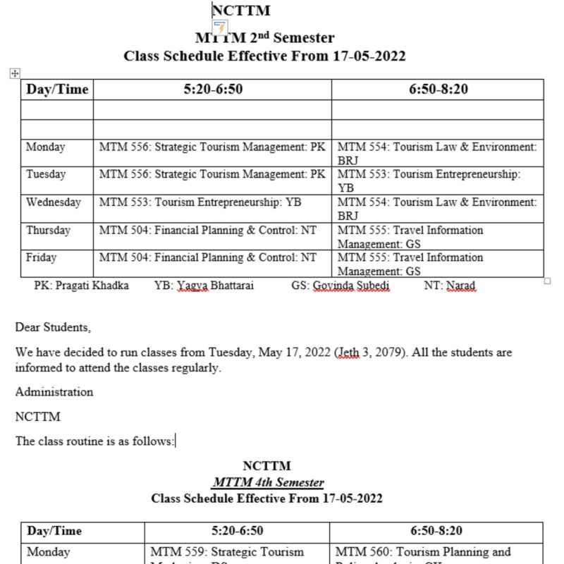 Class commencement Notice (Class Schedule) - MTTM 2nd Sem and MTTM 4th Sem